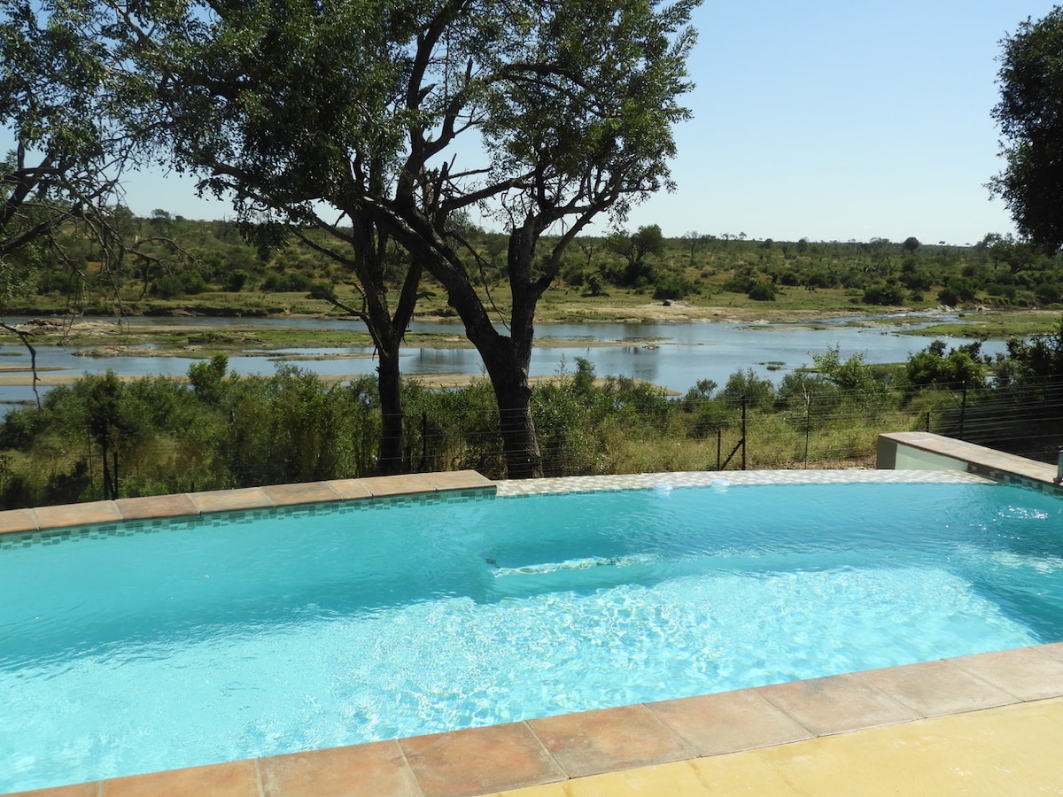 Pool framed by Marula trees and riverside vegetation