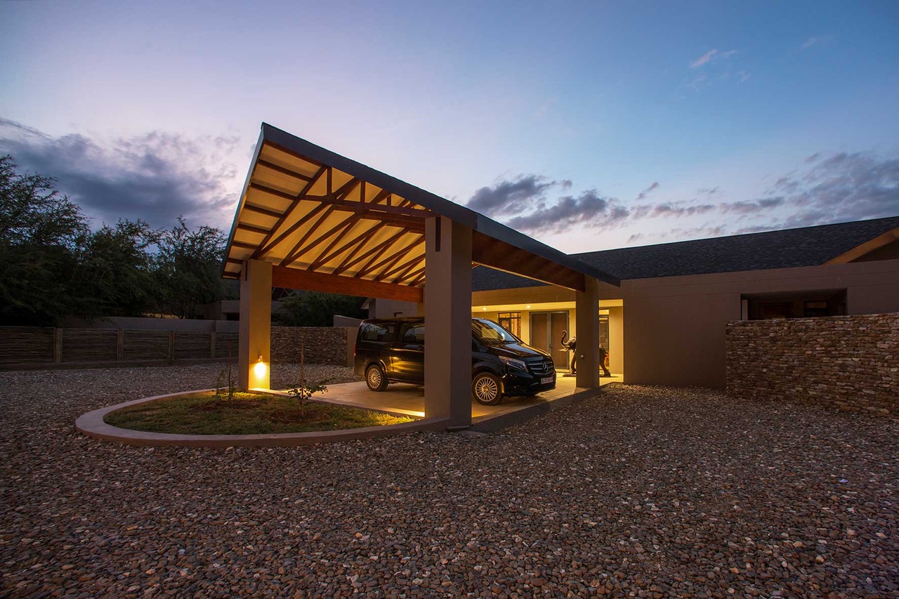 Porte cochere arrival area at dusk